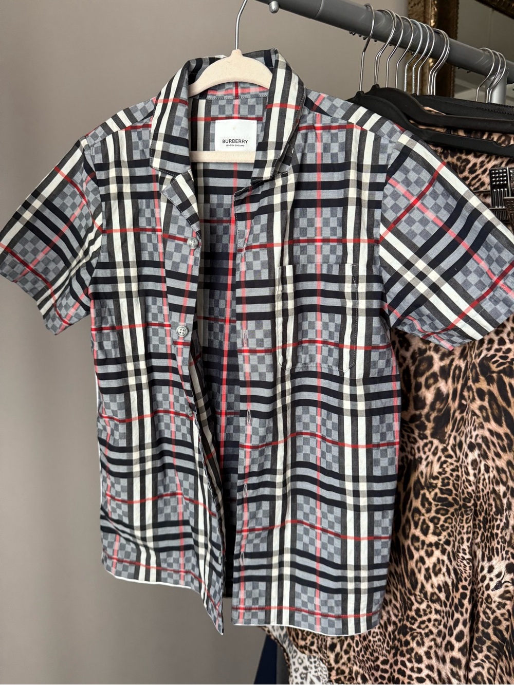 Burberry Black Gray Red Check Short Sleeve Button-Up Shirt